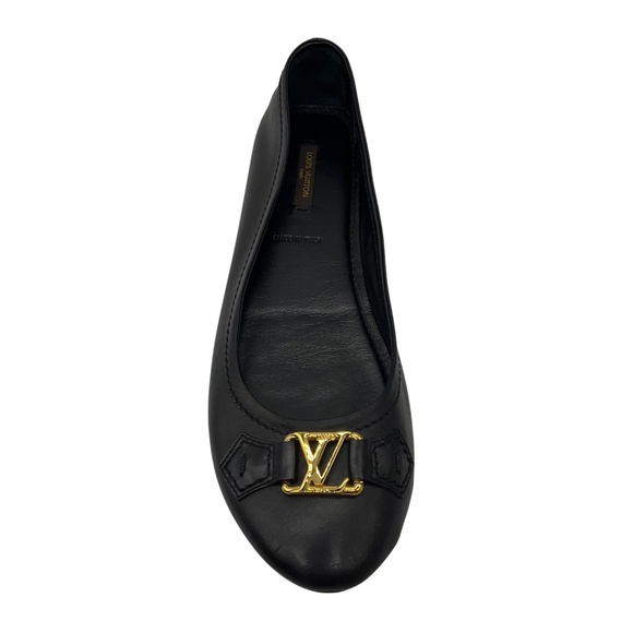 LOUIS VUITTON BLACK / GOLD LV LOGO HARDWARE LEATHER BALLET FLATS - Picture 4 of 8